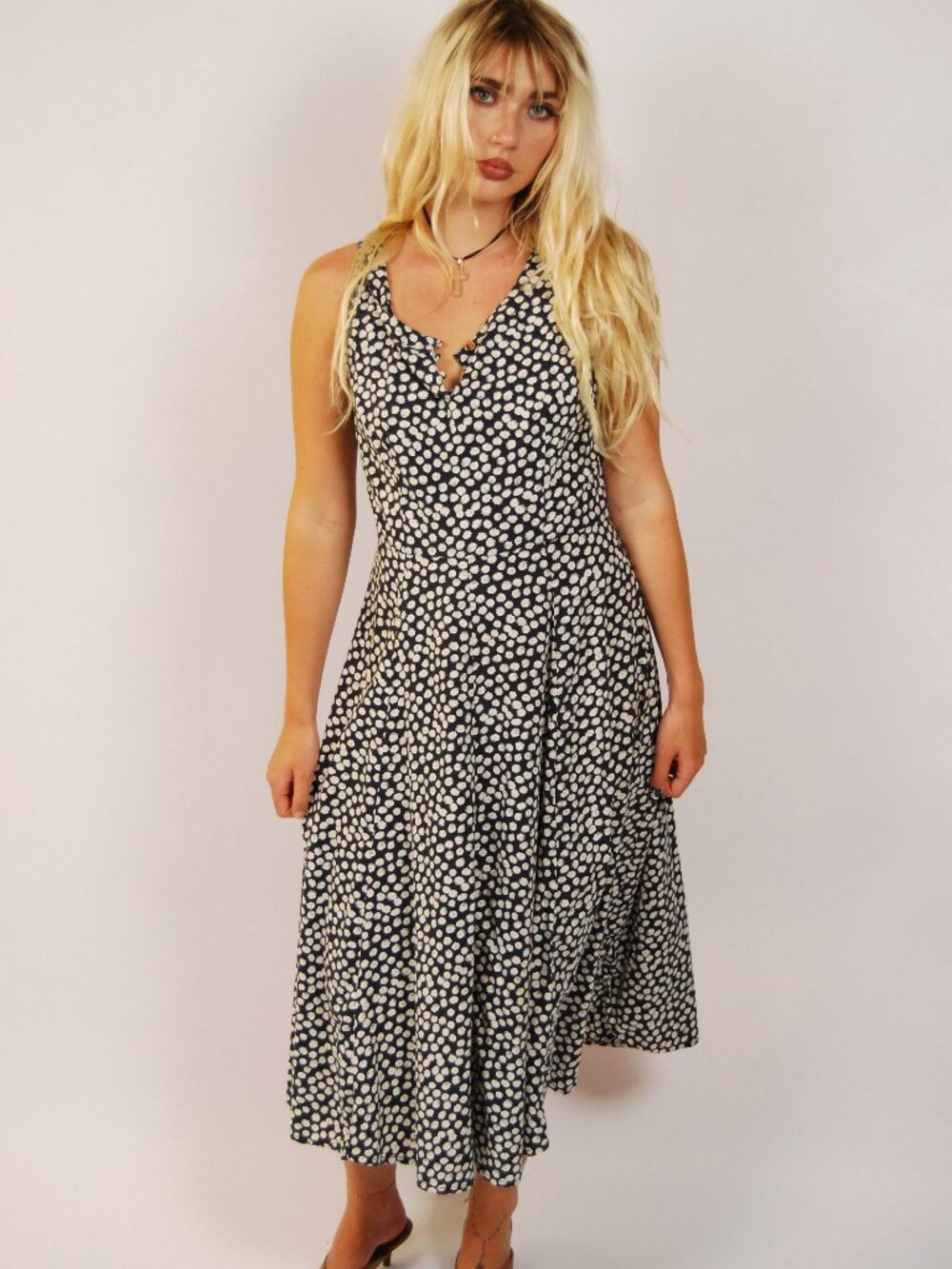 90s Floral Midi Dress (S) small blue white vintage tank preppy coquette femme